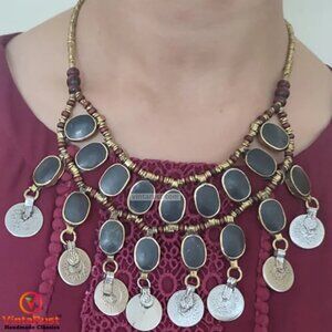 Vintage Kuchi Bib Necklace: Tribal Coins & Black Stones